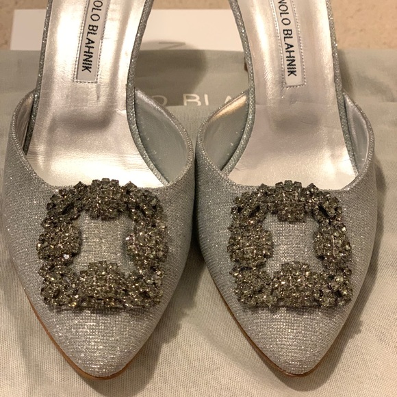 SOLD:Manolo Blahnik Hangisi Mules Silver Fabric 70 - Picture 3 of 6